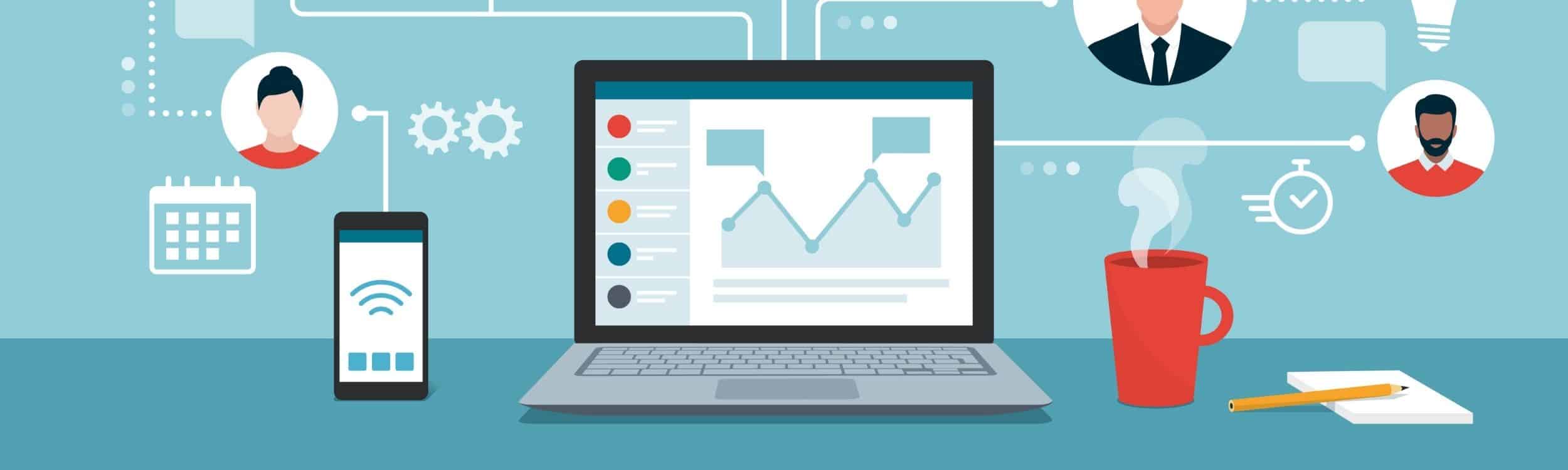 an image of a computer connecting to different people and metrics