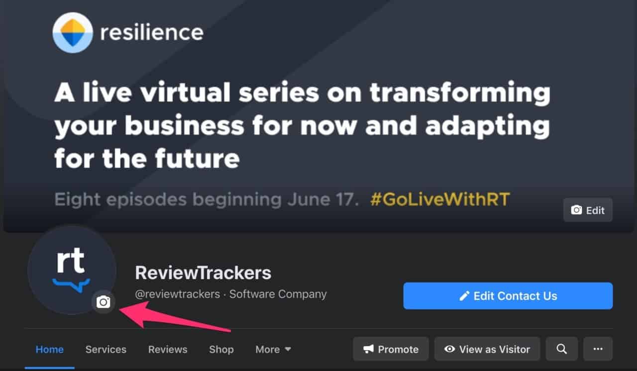 an image with an arrow showing how to change the profile photo on a facebook business page