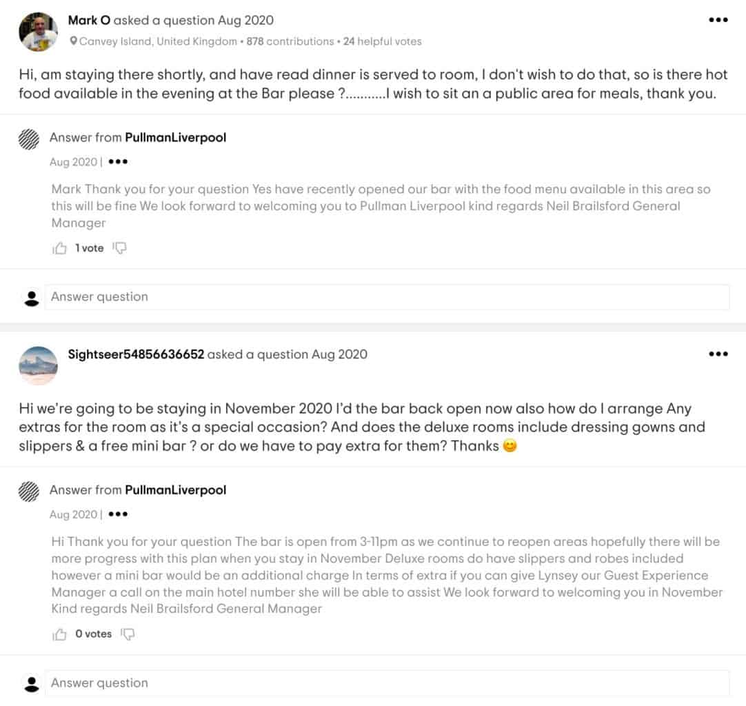 a screenshot of consumer questions on tripadvisor