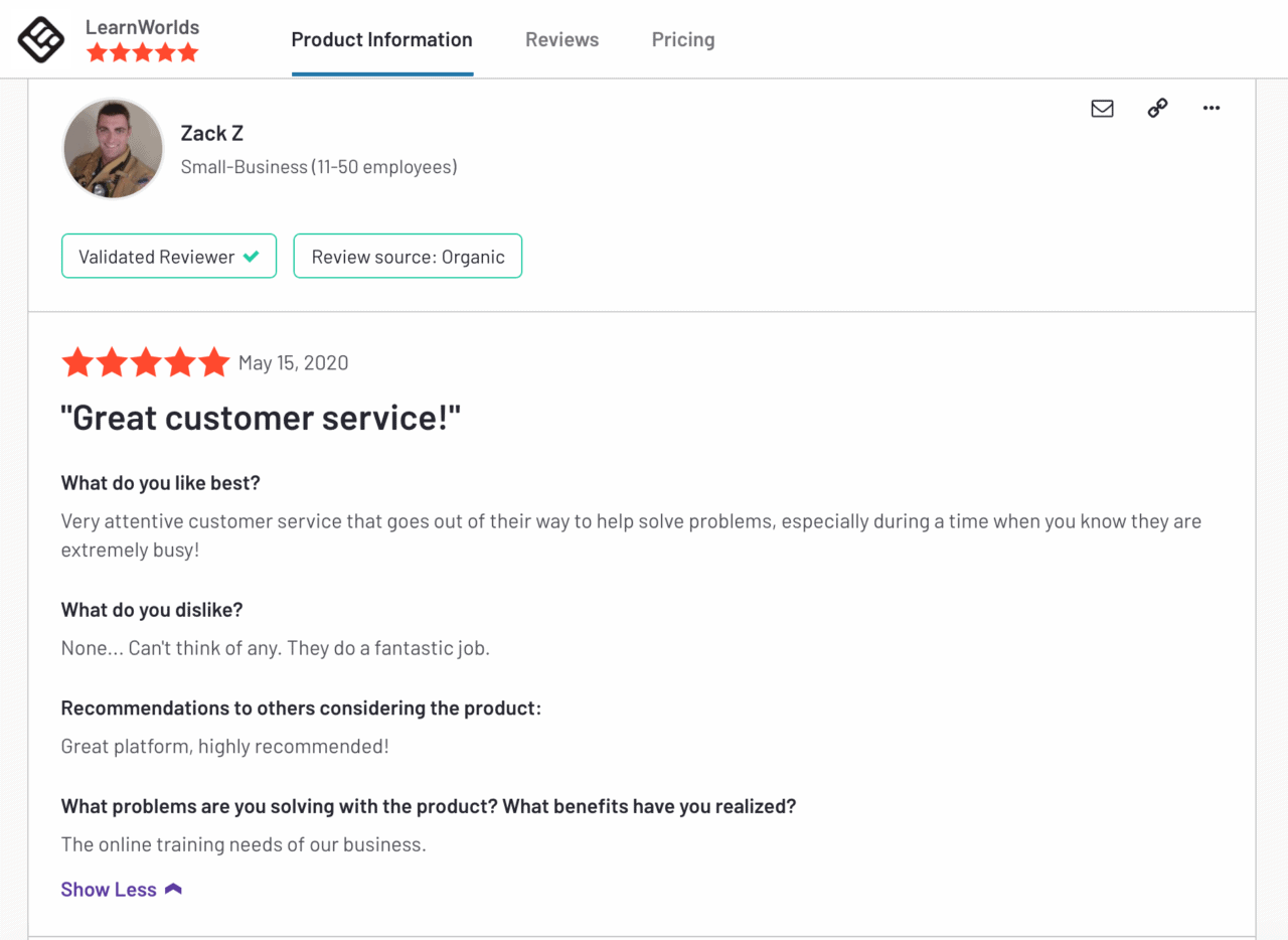 a screenshot of a customer review on learnworlds