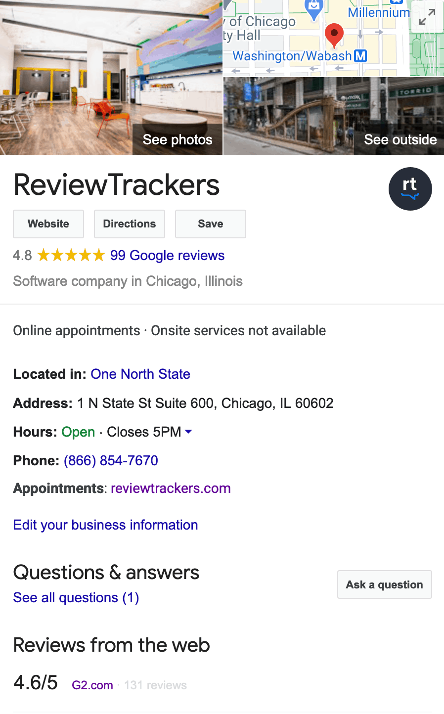 a screenshot of the reviewtrackers business profile on google