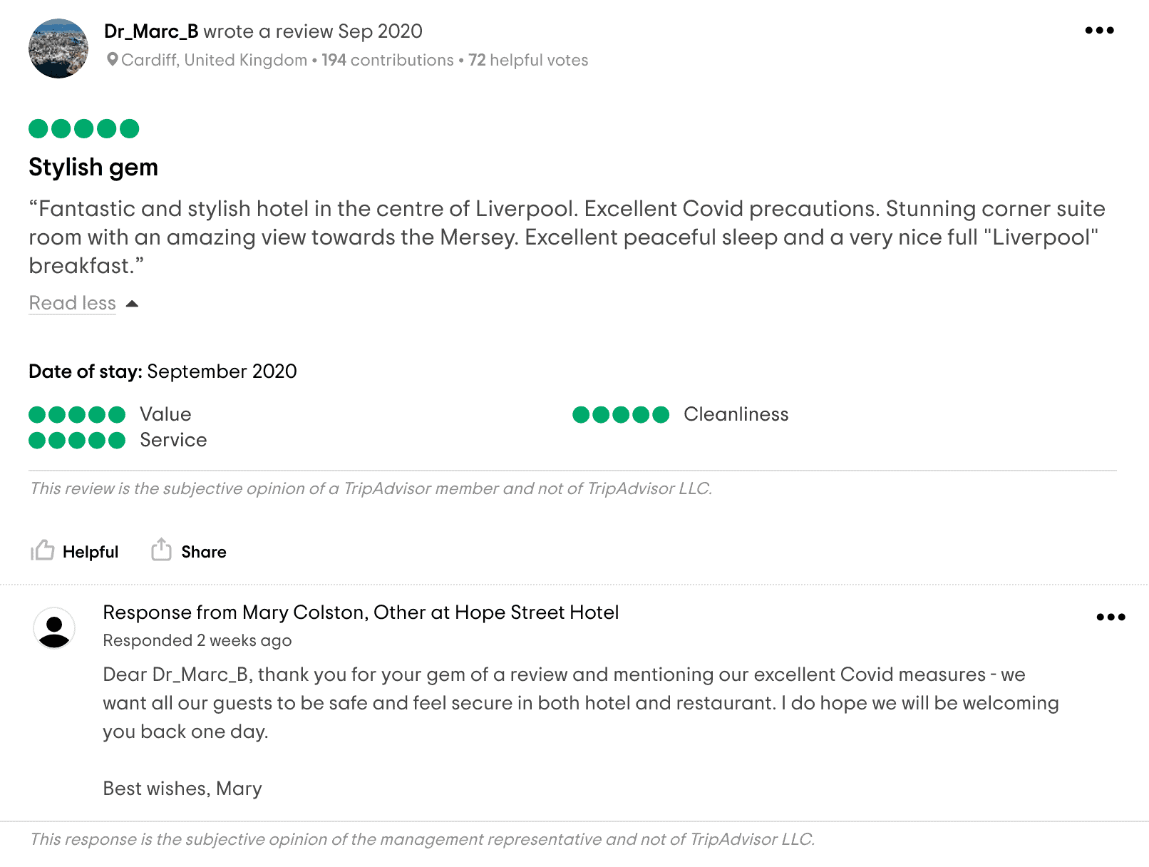 a screenshot of a management response to a review on tripadvisor